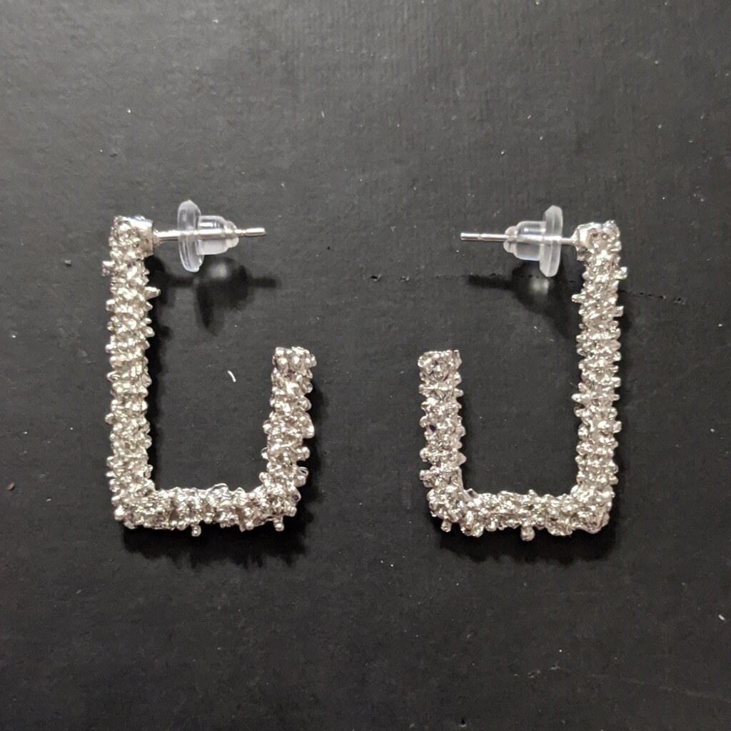 Silver Tone Textured Rectangular Hoop Statement E… - image 1