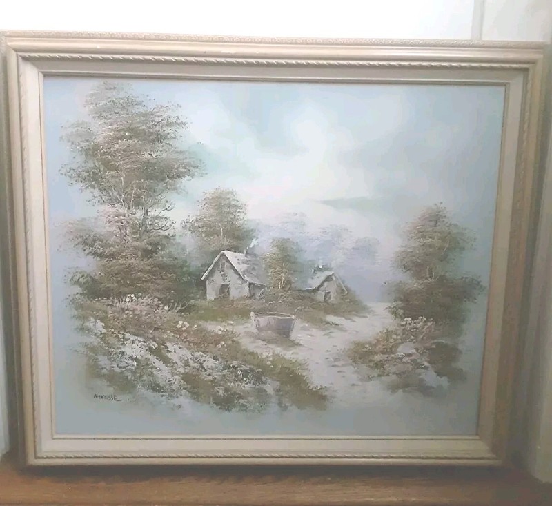 Lg Signed Country Cottage MATISSE Highway Men Oil Painting Canvas Framed 28×24"