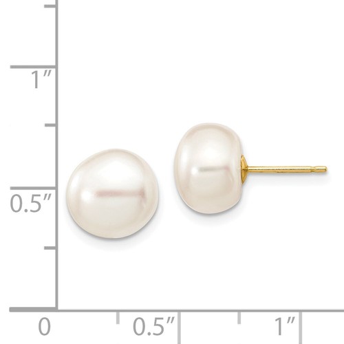 Real 14K Yellow Gold 9-10mm White Button FW Cultured Pearl Stud Post Earrings - Picture 3 of 5