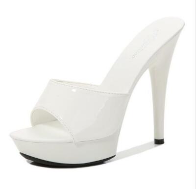 Women's Shiny Leather Sandals Mules Platform High Heels Open Toe Slippers Slides
