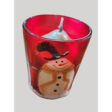 Hand Painted Snowman Tree 2.5 inch Votive Candle Holder w Silver Candle