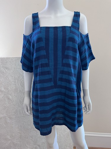 SOFT SURROUNDINGS Rayon & Linen Blue Cold Shoulder Casual Resort Tunic Top Small