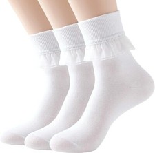 "3 Pairs Womens Ruffle Socks, Frilly Ankle Cute 5-10,White "