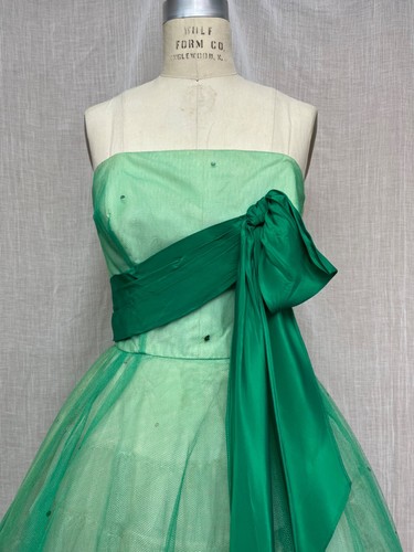 Vintage 50s Strapless Green Tulle PROM Rockabilly Ruffle Sash Cupcake Dress XS/S - Picture 7 of 17