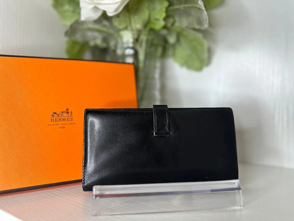 Cartera Larga Hermes Doble Plegable Negro Dorado Metal Montaje Foto 2 de 4