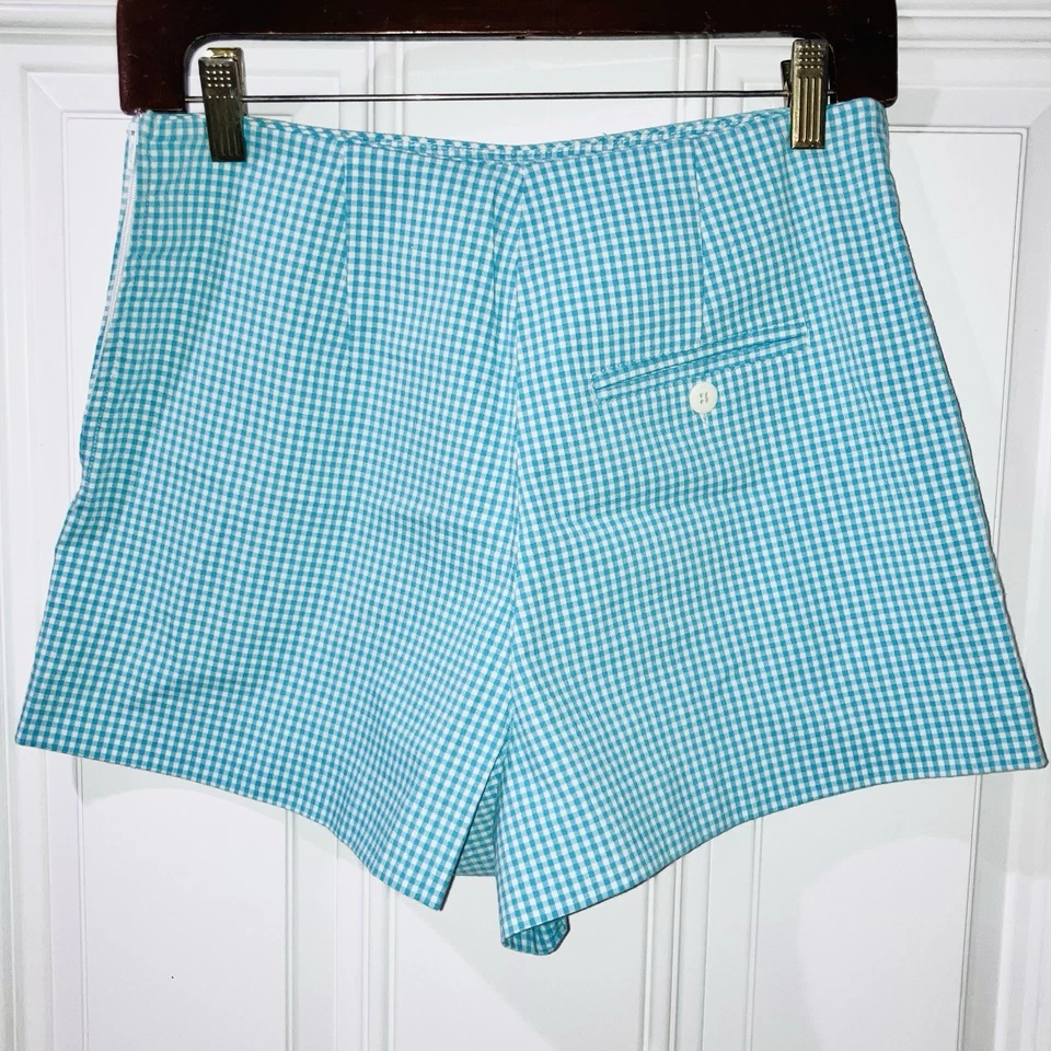 Pantalones Cortos De Colección Años 90 Y2K Express Compagnie Gingham Tiro Alto Aqua Blanco Cuadros 9/10 Foto 2 de 4