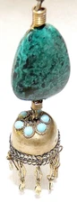 Yemenite Old Filigree Gilded Silver and Eilat Stone, Turquoise, Pendant Necklace