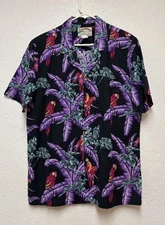Vintage Paradise Found Men’s Hawaiian Shirt  Magnum PI Black Purple Parrots Sz L