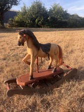 Vintage Miniature Wooden Rocking Horse on Wheels Leather Saddle