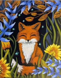 ORIGINAL PAINTING Folk Art Whimsical Happy Baby Fox Garden Fairies Flowers Color