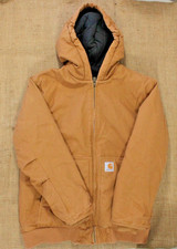 Carhartt Jacket Youth Large Canvas Hooded Quilted Insulated Brown Coat OJ8545-B