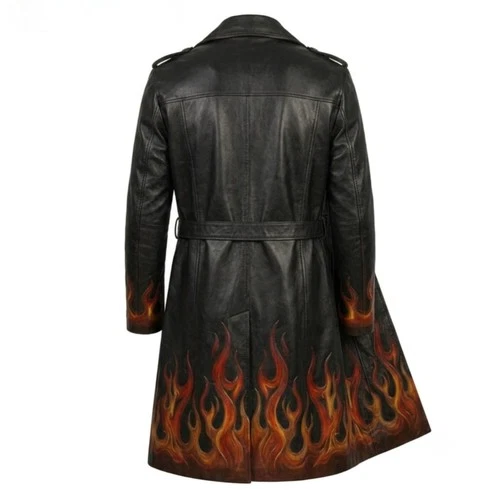 Men's Black HandForged Leather Trench Coat Gothic Flame Print Long Biker Duster image 3