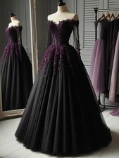 A-Line Black Gothic Wedding Dresses Off The Shoulder Long Sleeves Pleats Tulle