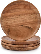 Acacia Wood round Wood Plates Set of 4, Easy Cleaning Lightweight for Dishes S