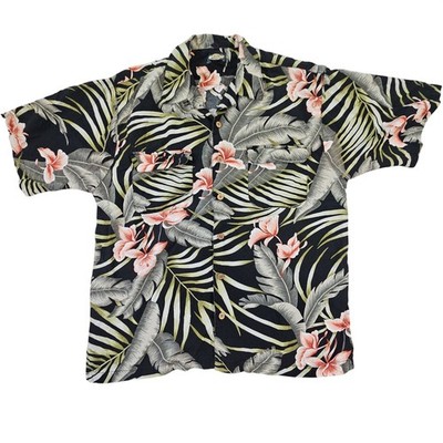 Tommy Bahama Shirt Ms XL Black Tropical Floral Palm Rayon Excellent Aloha Pocket