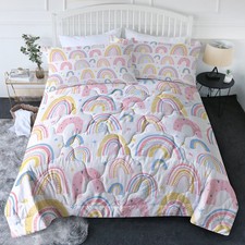 Girly 3 Pcs Comforter Set Pink and Yellow Rainbow Star Bedding Set
