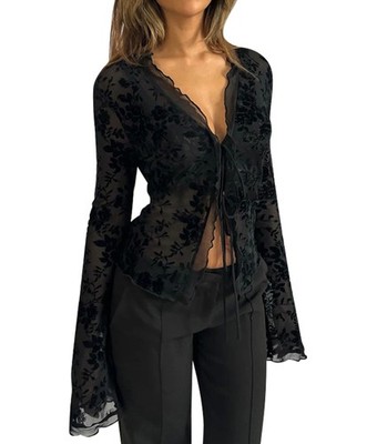 Damen Langarm-Top mit V-Ausschnitt und Bindebändern, Herbst-Gothic-Stil, Tr3971