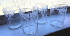 Set 4 Antique Vtg Art Nouveau Clear Etched Tumbler Glasses Grapes Leaves Trellis