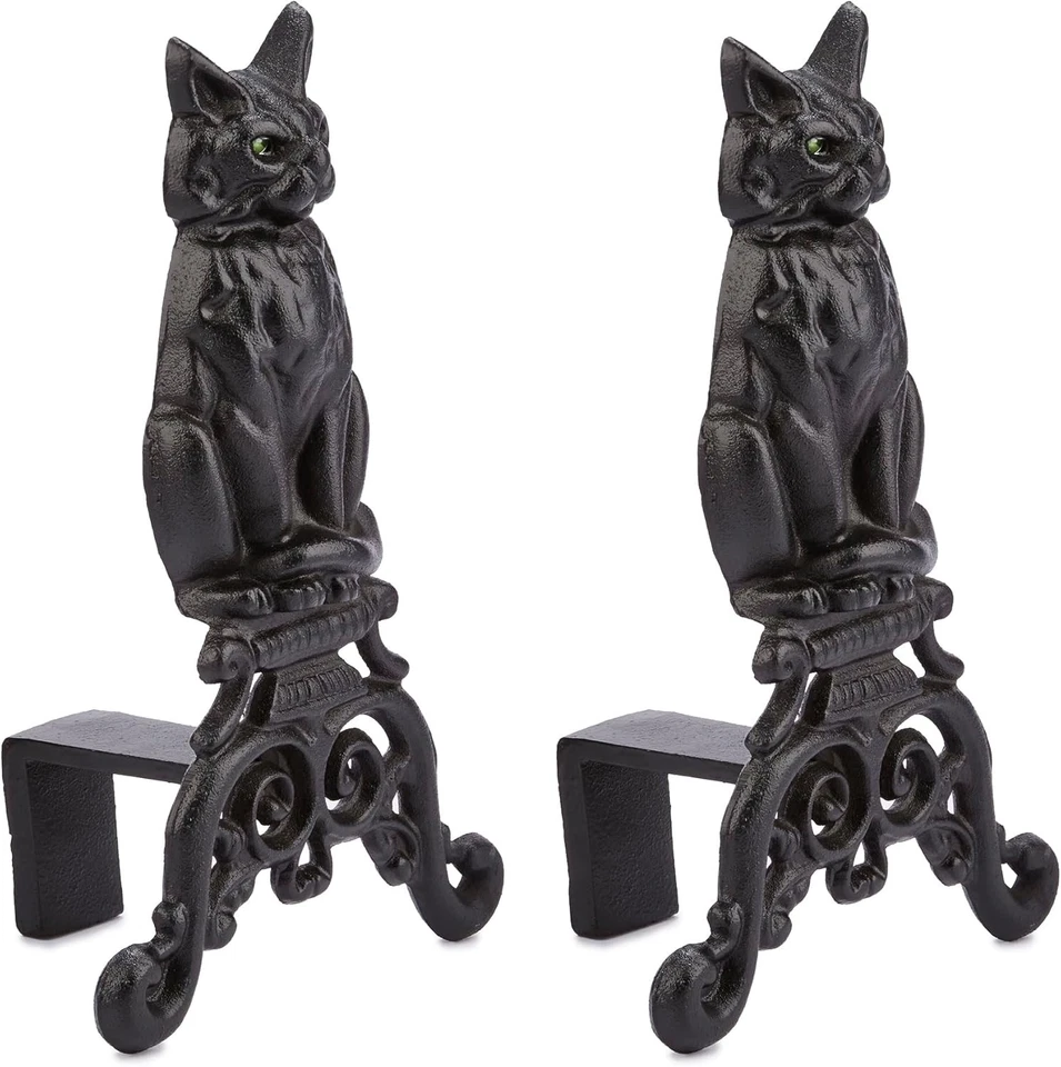 Black Cast Iron Cat Fireplace Andirons with Reflective Glass Eyes (A-1251) - Image 2 of 4