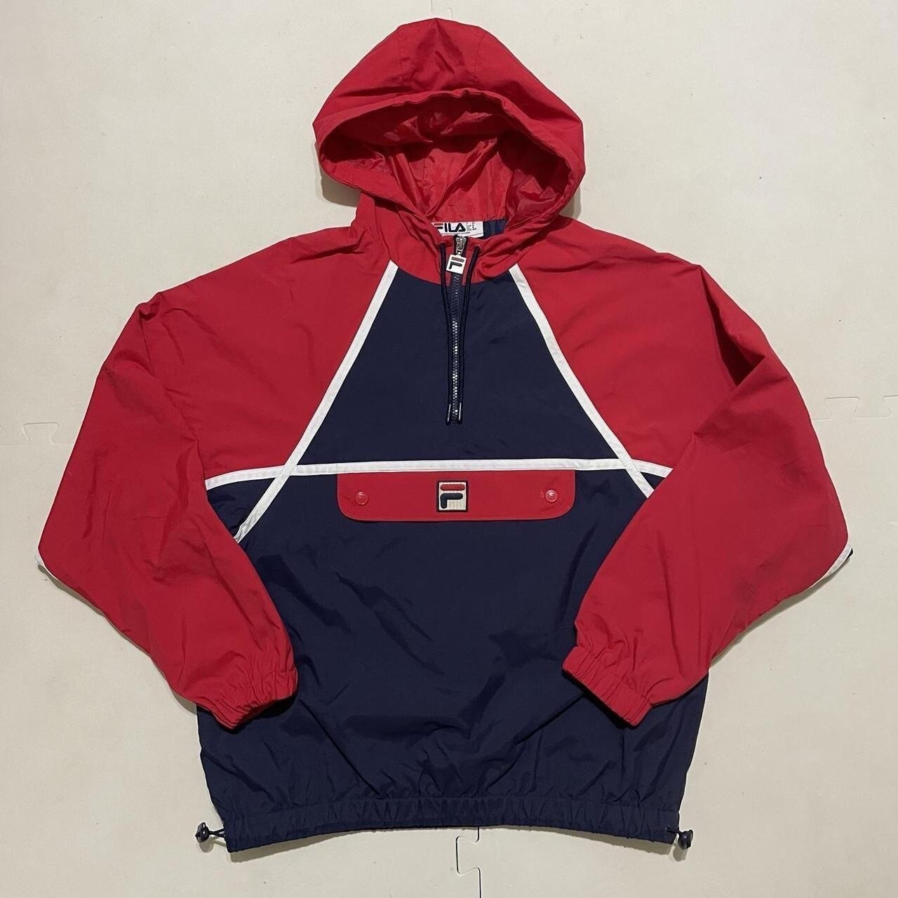 Giacca a vento FILA vintage Astor Batwing con cappuccio pavone rosso navy taglia M
