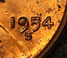 BU 1954-S Lincoln Cent,  Error "SJ " Variety Filled 9, Break in 5