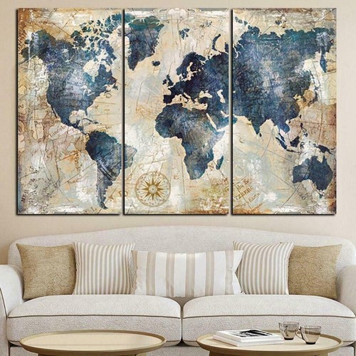 Vintage Blue World Map Canvas Prints Painting Wall Art Home Decor Picture 3PCS - Picture 3 of 4