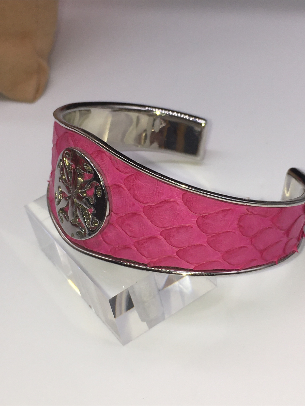 Rustic Cuff Silver Tone Monique Python Fuchsia Ho… - image 6