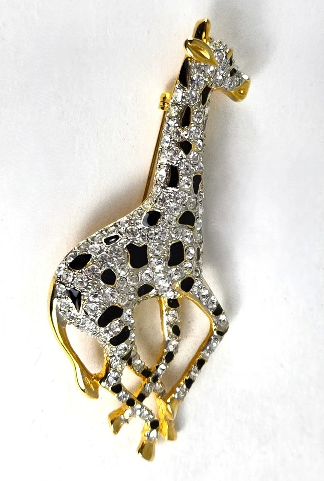 Prendedor/broche vintage grande de cristal pavé blanco y negro jirafa ojos verdes Foto 4 de 4
