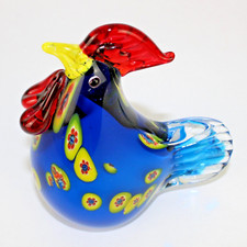 Murano-Style Glass Rooster Hand Blown Millefiori Chicken Figure Blue 5" Tall
