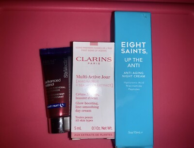 3 pc Prestige Anti-Aging Skincare Minis: Eight Saints, Clarins, Strivectin NEW