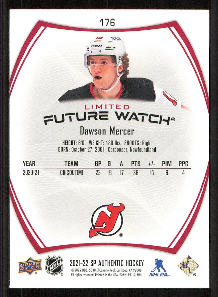 2021-22 SP Authentic Limited Red #176 Dawson Mercer FW - Image 2 of 2