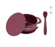 silicone baby bowl with spoon and lid in burgundy color