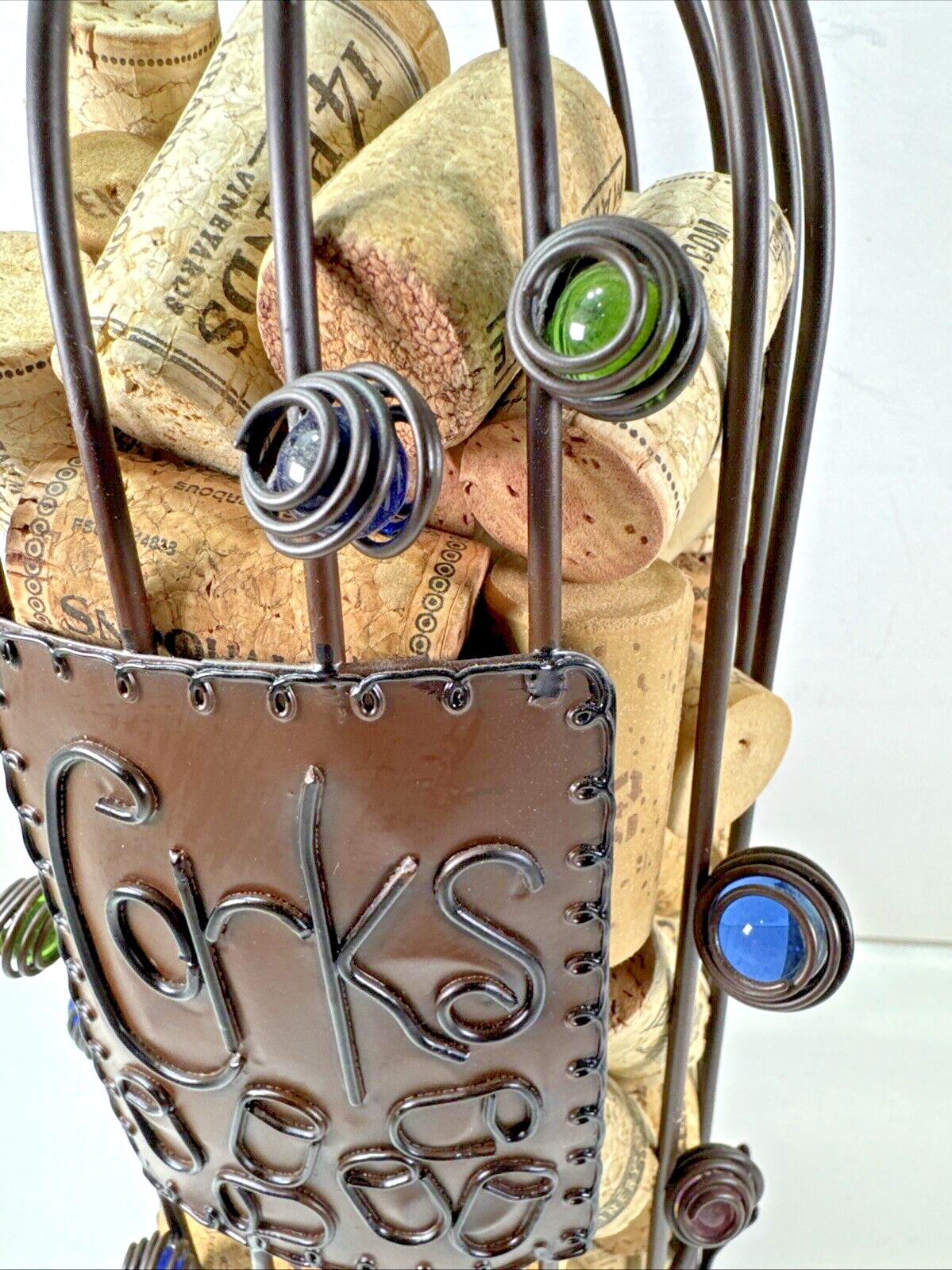 13.75" Decorative Marble Brown Bottle-Shaped Wire Wine Cork Holder w Corks