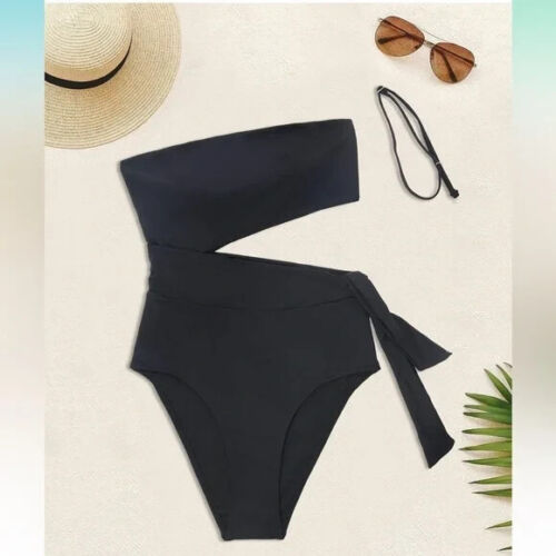 Women One Piece Strapless Swimsuit Bandeau Bathing Suit Cutout Side Tie Size XL