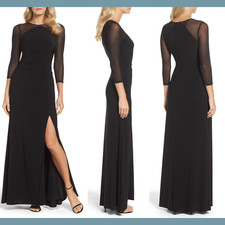 NWT Adrianna Papell Illusion Jersey Gown with Long Sleeves Black SZ 2  E582