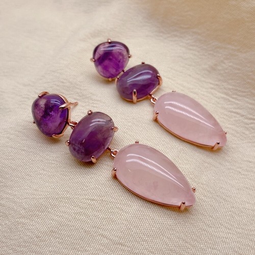 Natural Purple Amethyst Pink Rose Quartz Dangle Stud Earrings Gemstone Jewelry - Picture 3 of 6