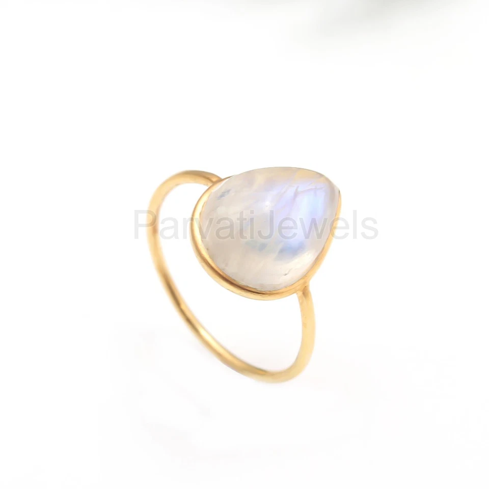 Anillo de regalo de aniversario de oro macizo de 18 quilates con piedras preciosas de luna arco iris natural para mujer Foto 3 de 4