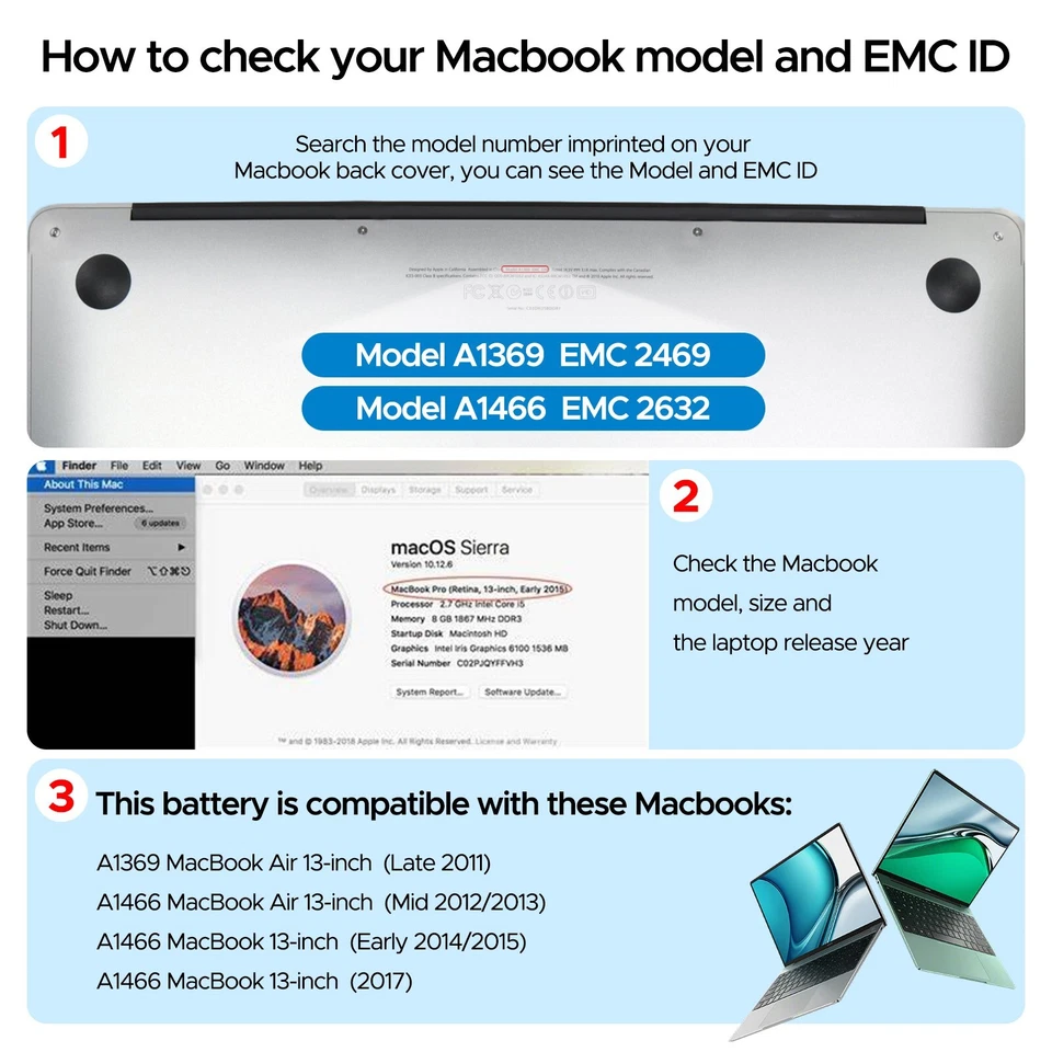 Nuevo repuesto de batería MacBook Air de 13 pulgadas para A1466 A1369 A1496 A1377 A1405 Foto 3 de 4