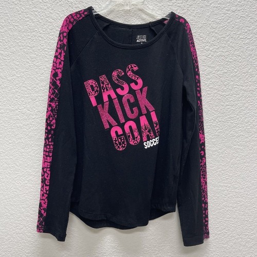 JUSTICE Active Soccer SHIRT Girls Youth Sz 7 BLACK Pink Leopard Pass Kick Goal - Picture 6 of 10