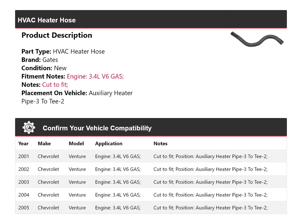 Puertas de manguera de calefacción para Chevrolet Venture 2001-2005 2002 2003 2004 Foto 2 de 4