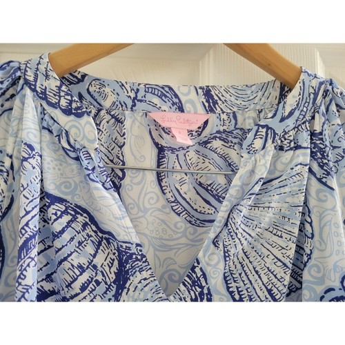 Lilly Pulitzer Blue Sea Shell Print Silk Blouse top Size Small Coastal Preppy - Picture 3 of 9