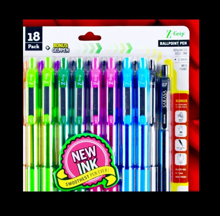 Zebra 18pk Colored Ballpoint Pens + 1 Black Gel Pen: Z-grip