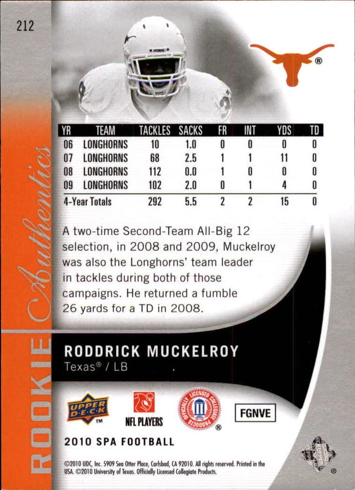 B2917- 2010 SP Authentic #212 Roddrick Muckelroy RC /999 SAMPLE PIC - Image 2 of 2