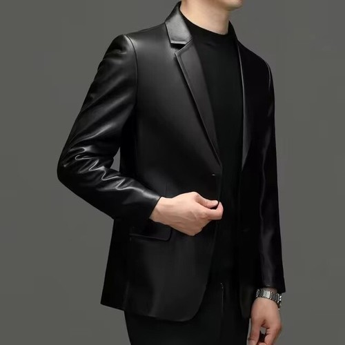 Men's Leather Blazer Tow Button Classic Coat Regular Fit Lined S M L XL Custom - Picture 2 of 6