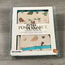 Posh Peanut Roary Swaddle and Beanie Set - One Size - Beige Dinosaurs NIP