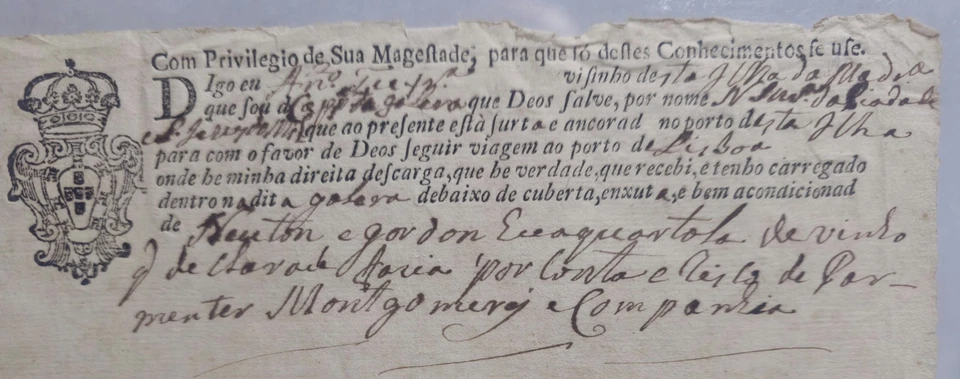 Antiguo conocimiento de embarque portugués de la década de 1760 envío vino Maderia Newton Gordon Foto 2 de 4