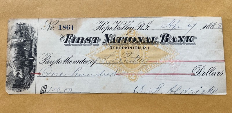 1883 Hope Valley The First National Bank Of Hopkinton RI Bank Check