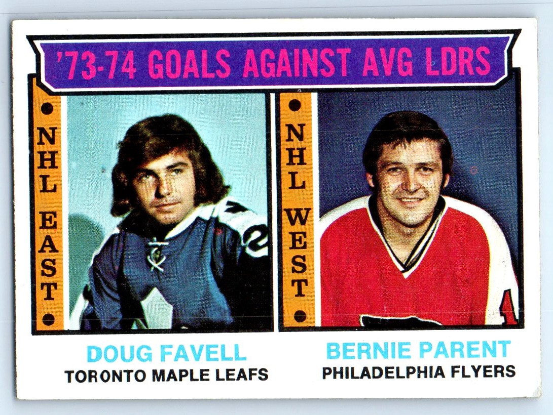 1974-75 Topps #4 1973-74 GAA Leaders (Doug Favell / Bernie Parent) NHL