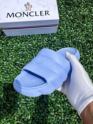 Moncler Women's Lilo Blue Crafted Logo Rubber Sole Open Toe Slides Size 8