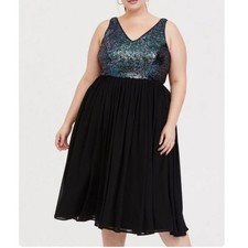 Torrid Colorful Sequin Black Chiffon V Back Sleeveless Midi Party Dress Size 14